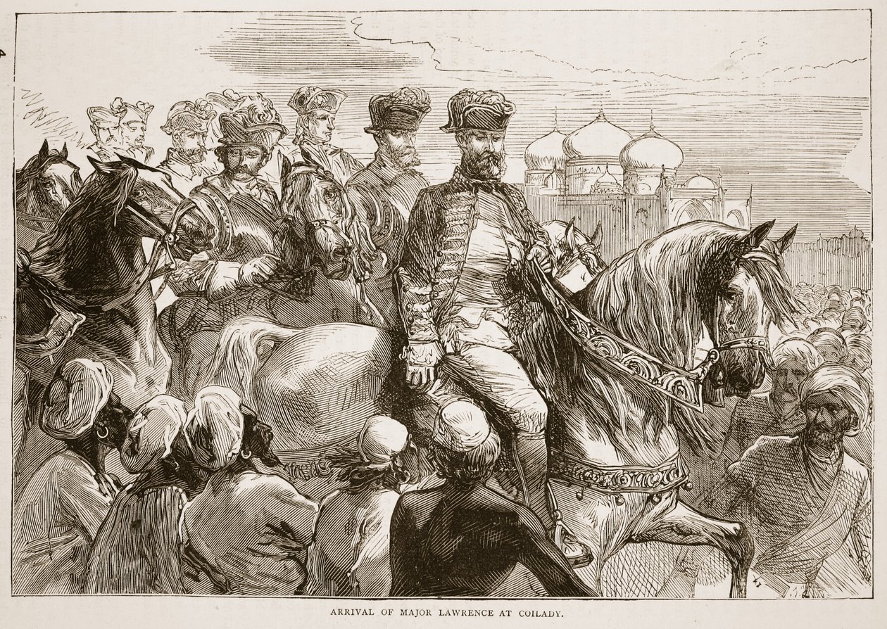 Chegada de Major Lawrence em Coilady, ilustração da história ilustrada de Cassells da Índia por James Grant, bar. 1879 de English School