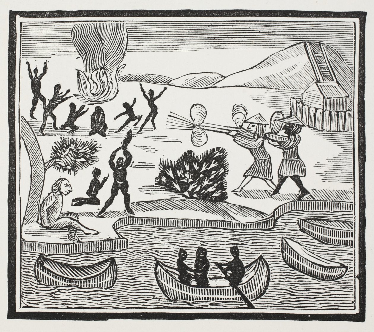 Chegada dos selvagens com prisioneiro cristão, ilustração dos Chap-livros do século XVIII por John Ashton, bar. 1882 de English School