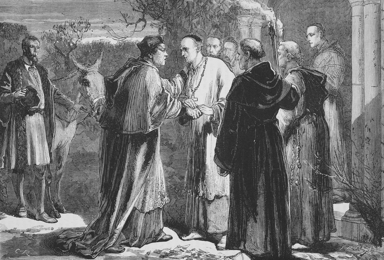 Chegada de Wolsey na abadia em Leicester, ilustração da história do protestantismo por James Aitken Wylie (1808-1890), bar. 1878 de English School