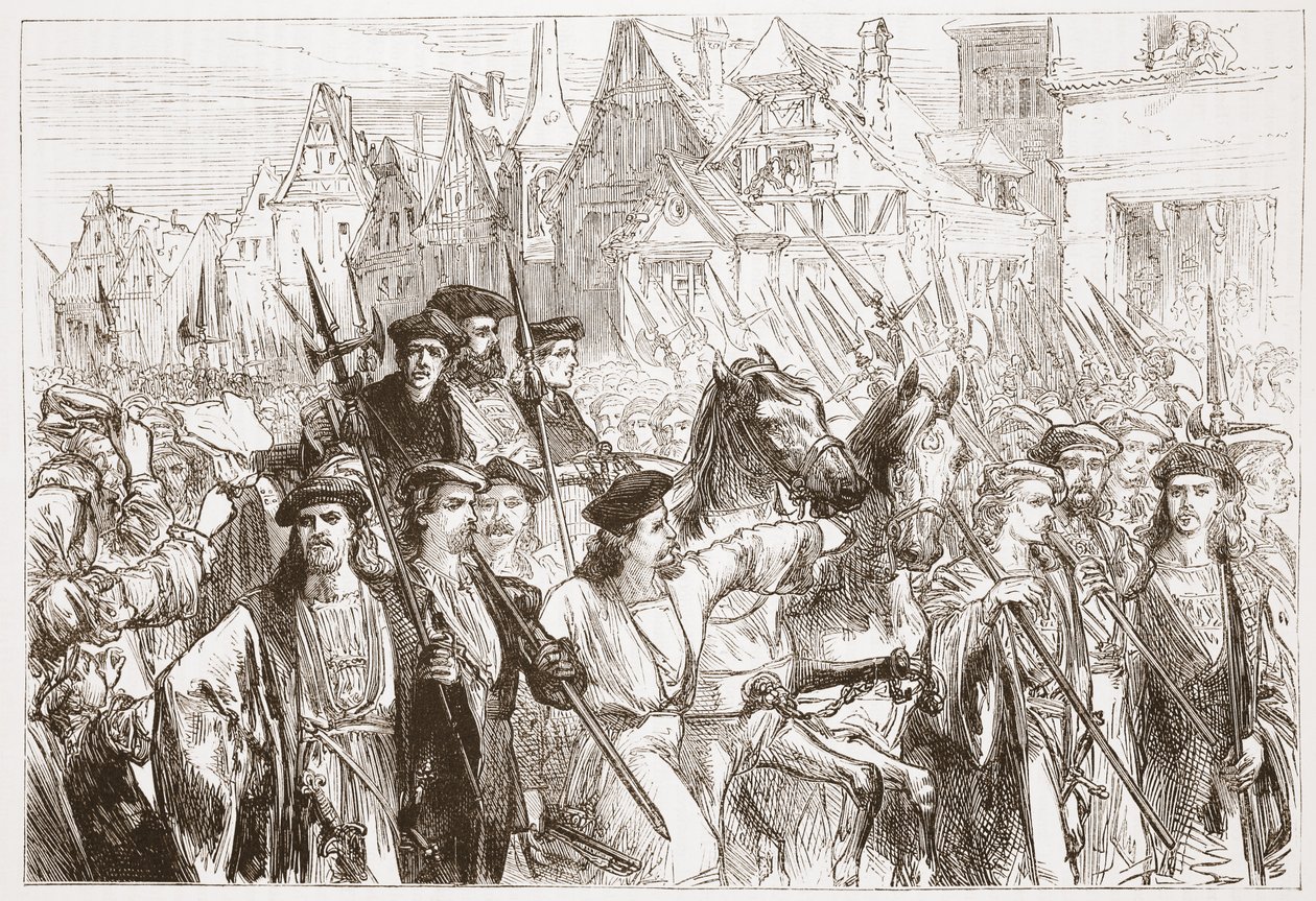 Chegada dos teólogos de Wittemberg em Leipsic, ilustração da História do Protestantismo por James Aitken Wylie (1808-1890), pub. 1878 de English School