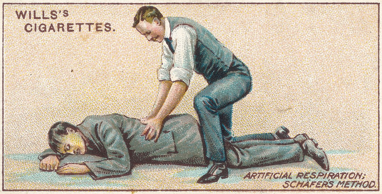 Respiração artificial, método de Schafers, no.25 da série de primeiros socorros de cartões de Willss cigarros, 1913 de English School