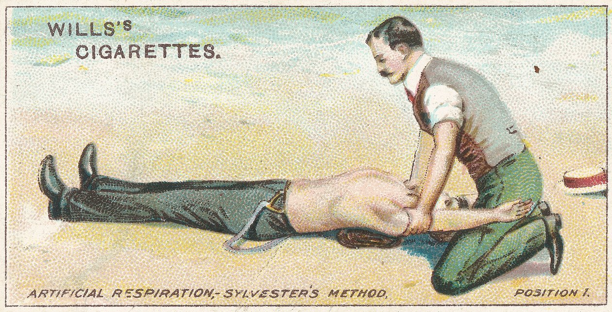 Respiração Artificial, Método Sylvesters - Posição 1, no.17 da série de primeiros socorros de cartões Willss Cigarettes, 1913 de English School