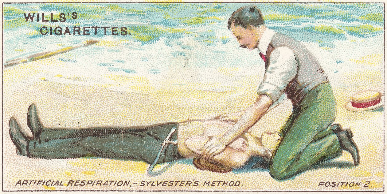 Respiração Artificial, Sylvesters Method - Posição 2, no.17 da série de primeiros socorros de cartões Willss Cigarettes, 1913 de English School