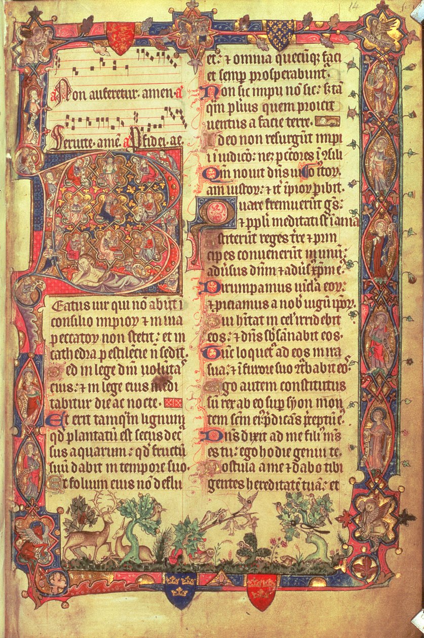Arundel 83 f.14 Cavalos e aves, do Arundel Psalter, c.1310 (vellum) de English School