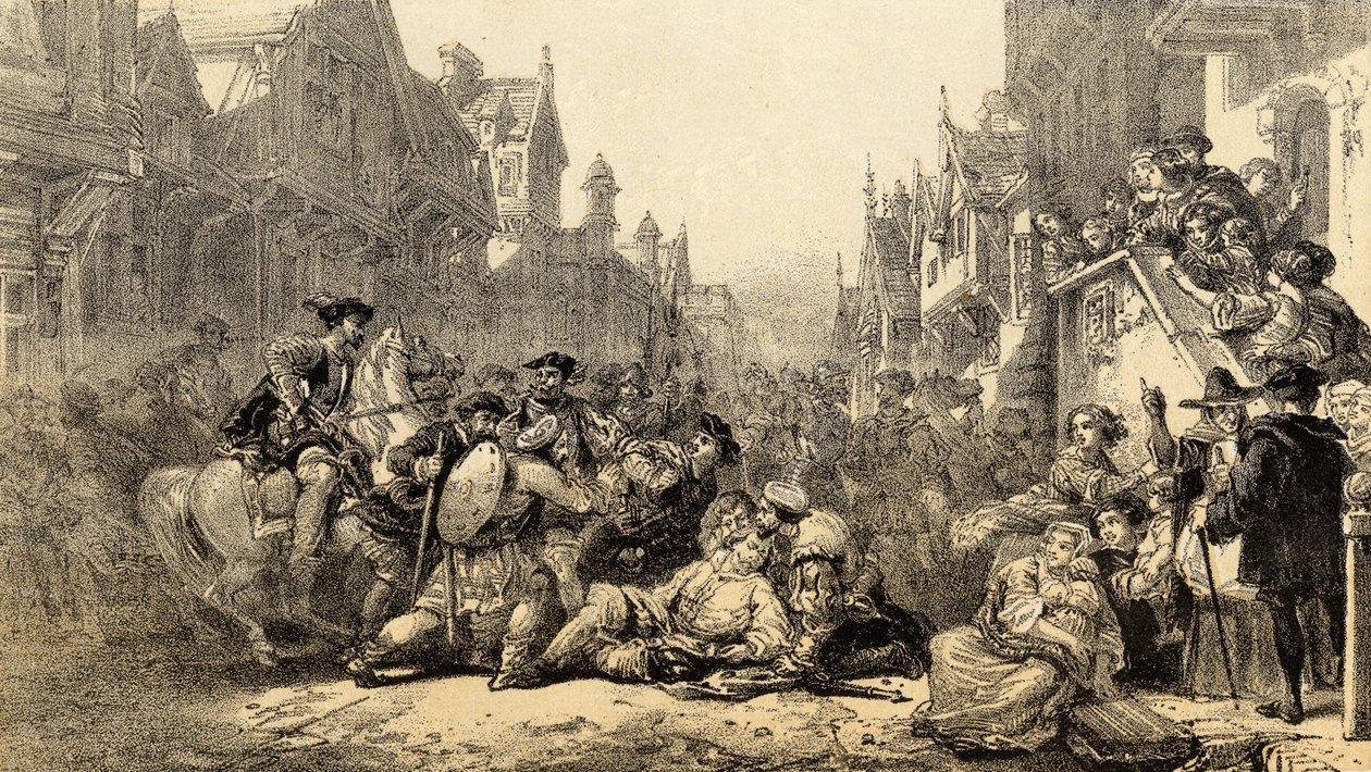 Assassinato do Regente James Stewart Moray (c.1531-70) Regente da Escócia, em Old Linlithgow, West Lothian de English School