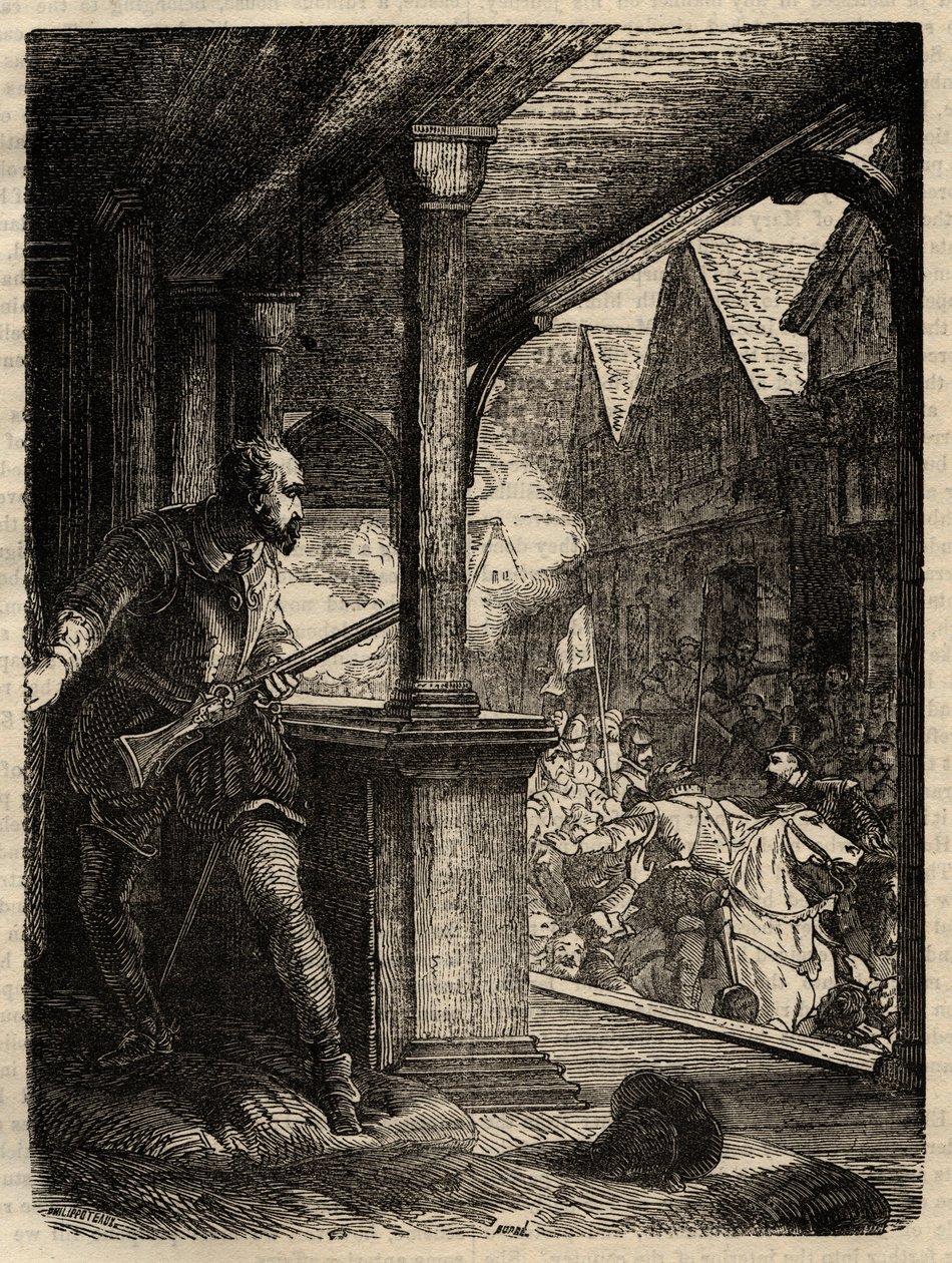 Assassinato do Regente Murray (James Stewart Moray) - James Stewart Moray (c.1531-70), Regente da Escócia para o Rei James VI- - gravura de "History of England" de Cassell Petter & Galpin de English School