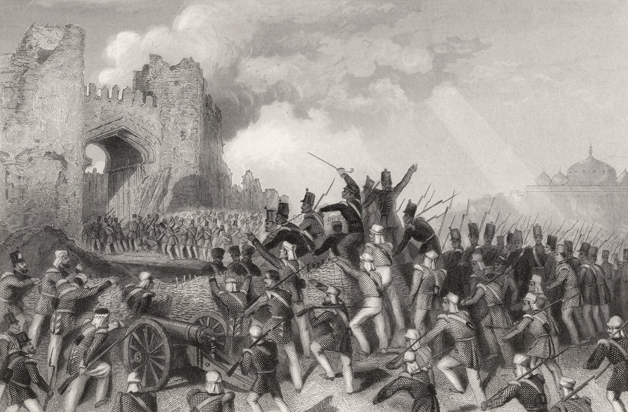 Assalto de Deli e captura do Portão da Caxemira em 14 de setembro de 1857, de "A História do Motim Indiano", publicado em 1858 de English School