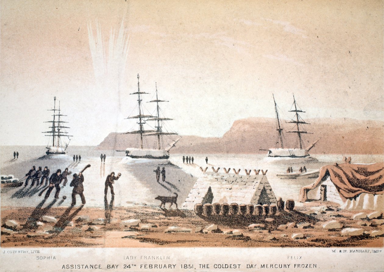 Assistência Bay, 24 de fevereiro de 1851, o dia mais frio. Mercúrio Congelado, ilustração da viagem à baía de Baffins e ao estreito de Barrow…, 1852 (gravura hand-colored) de English School