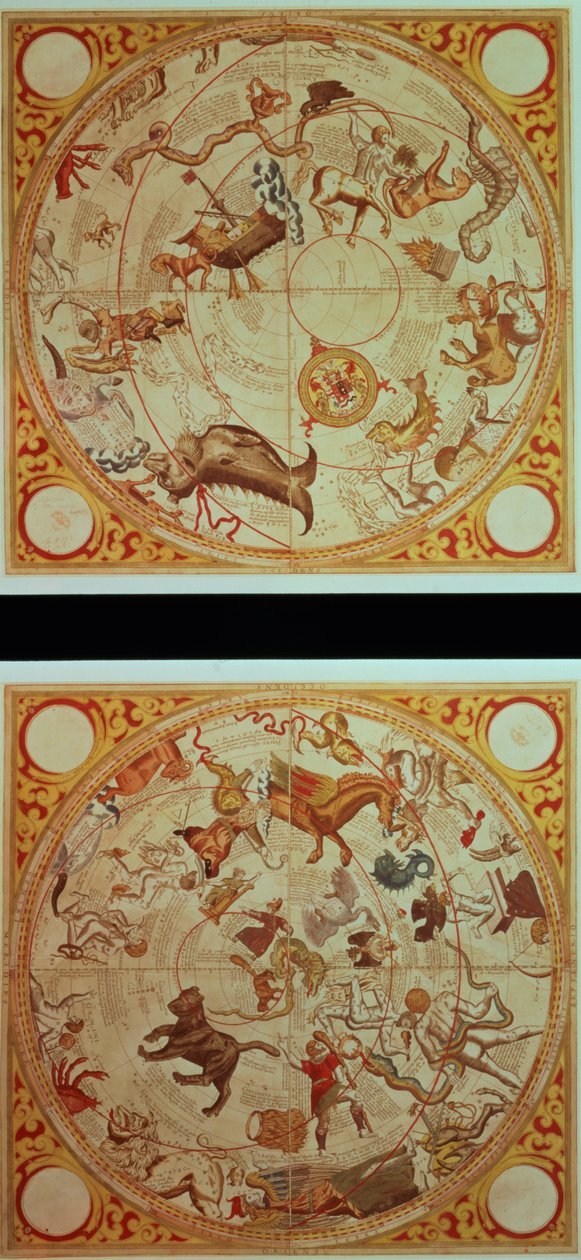 Calendário astrológico, sinais do Zodíaco, c.1660 (gravura a cores à mão) de English School