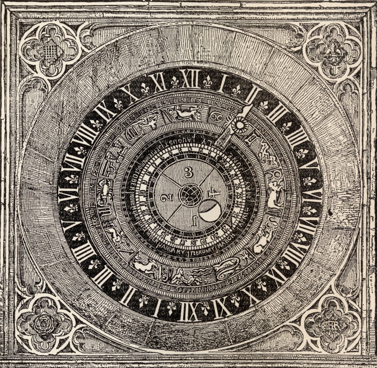Relógio astronómico em Hampton Court Palace, da história do Palácio de Hampton Court em Tudor Times por Ernest Law, publicado em Londres 1885 de English School