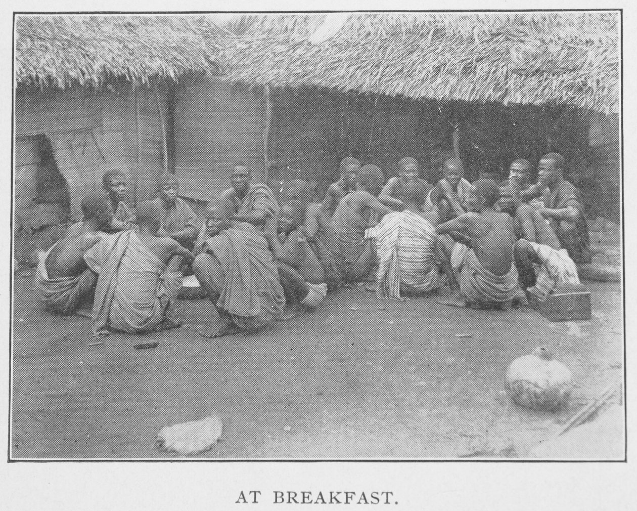 Ao café da manhã, ilustração de "Na floresta e na selva africana: ou seis anos entre os iorubanos", pelo Rev. Richard H. Stone, c.1899 (impressão fotomecânica) de English School