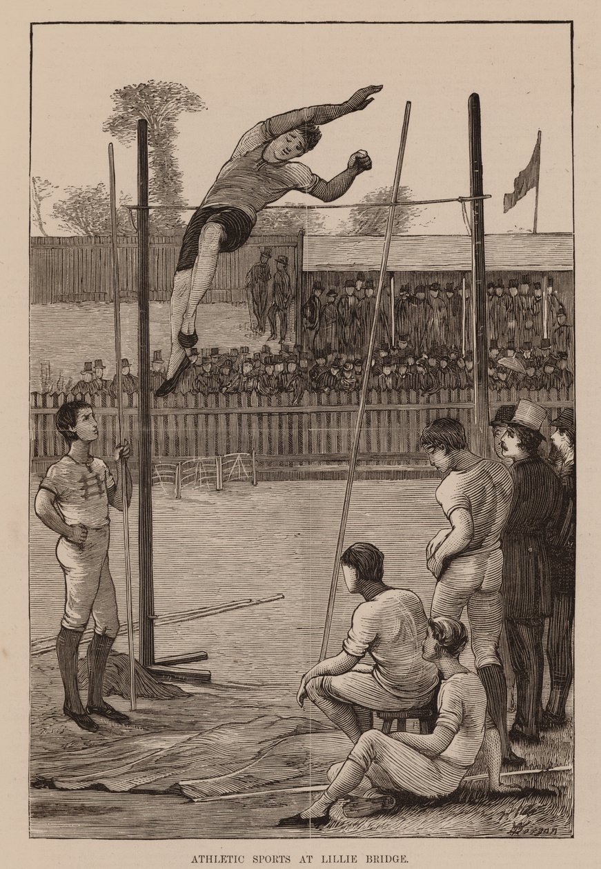 Desportos desportivos em Little Bridge, "Salto à vara" (gravura) de English School