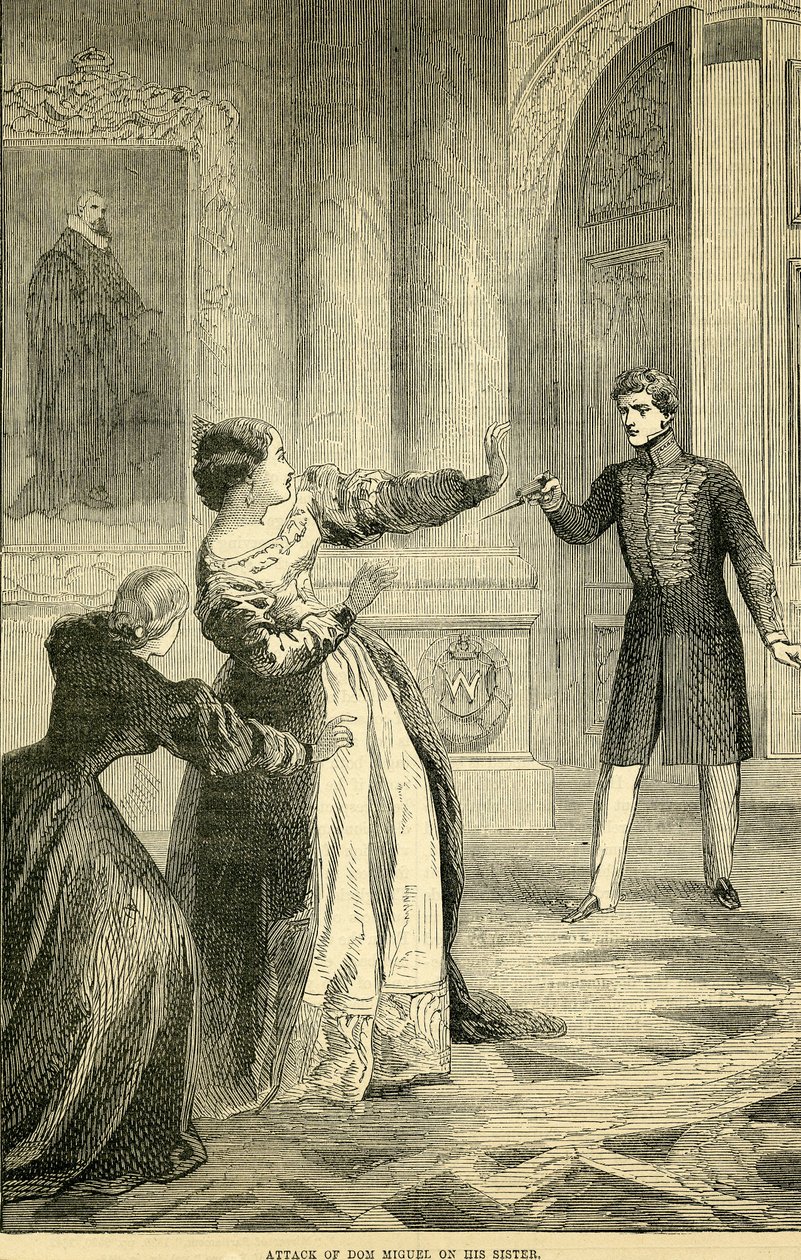 Ataque de Don Miguel em sua irmã, tirada de Cassells Illustrated History of England, 18571858 de English School