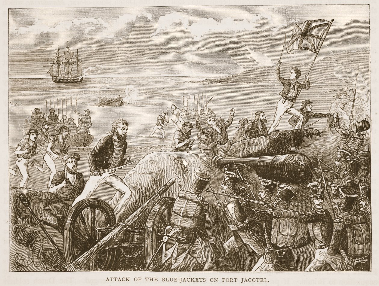 Ataque dos Azul-revestimentos no porto Jacotel, ilustração da história ilustrada de Cassells da Índia por James Grant, bar. 1879 de English School