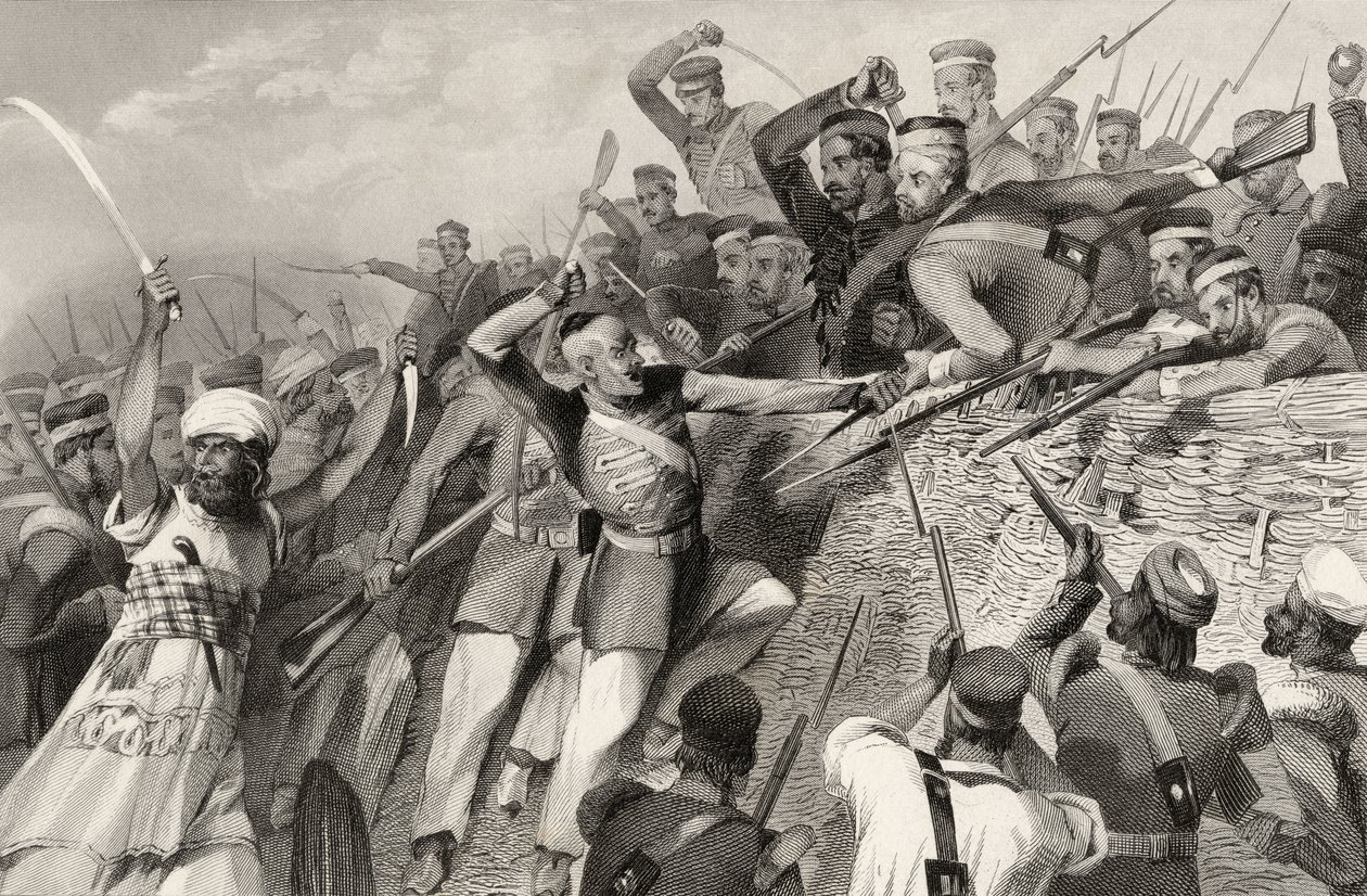 Ataque dos amotinados na Bateria Redan em Luknow, 30 de julho de 1857, de "A História do Motim Indiano", publicado em 1858 de English School