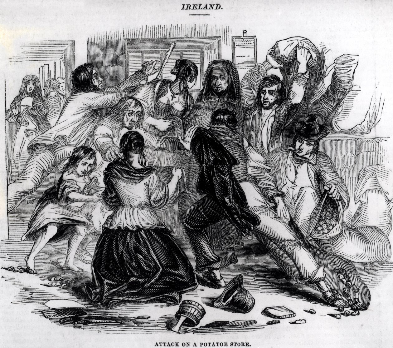 Ataque a uma loja de batatas na Irlanda, c.1845 de English School