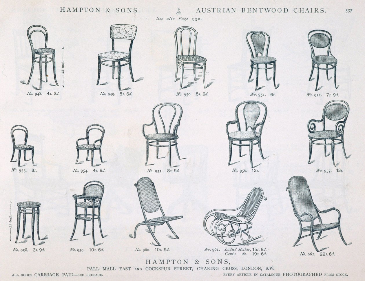 Cadeiras de Bentwood austríaca de Hampton and Sons Catálogo de mobília de 1902, gravura em preto e branco de English School