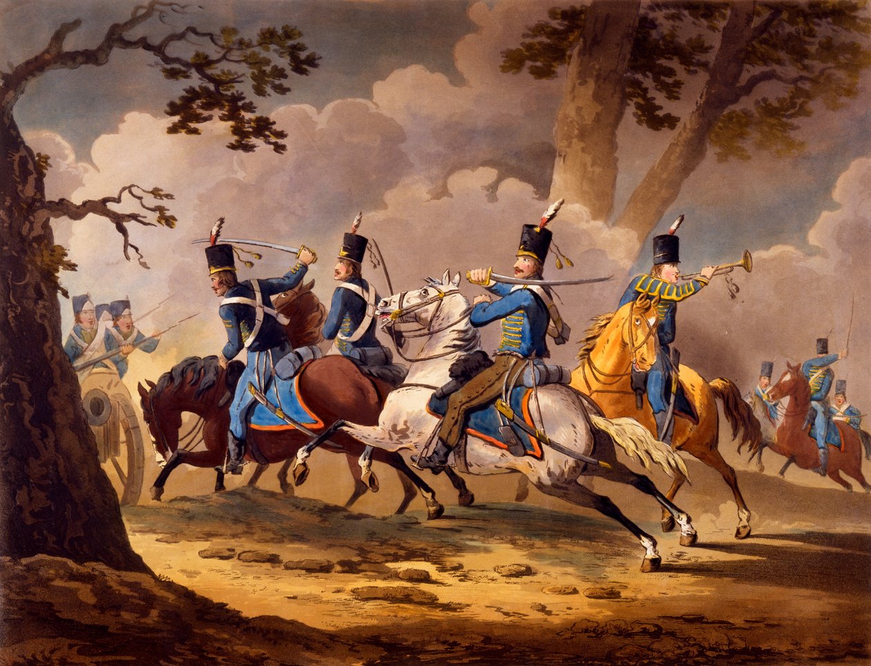 Infantaria Austríaca defendendo sua artilharia de hussardos prussianos, de ações de cavalaria da série dos aliados durante as campanhas napoleônicas publicadas 1799-1802 (litho colorido à mão) de English School