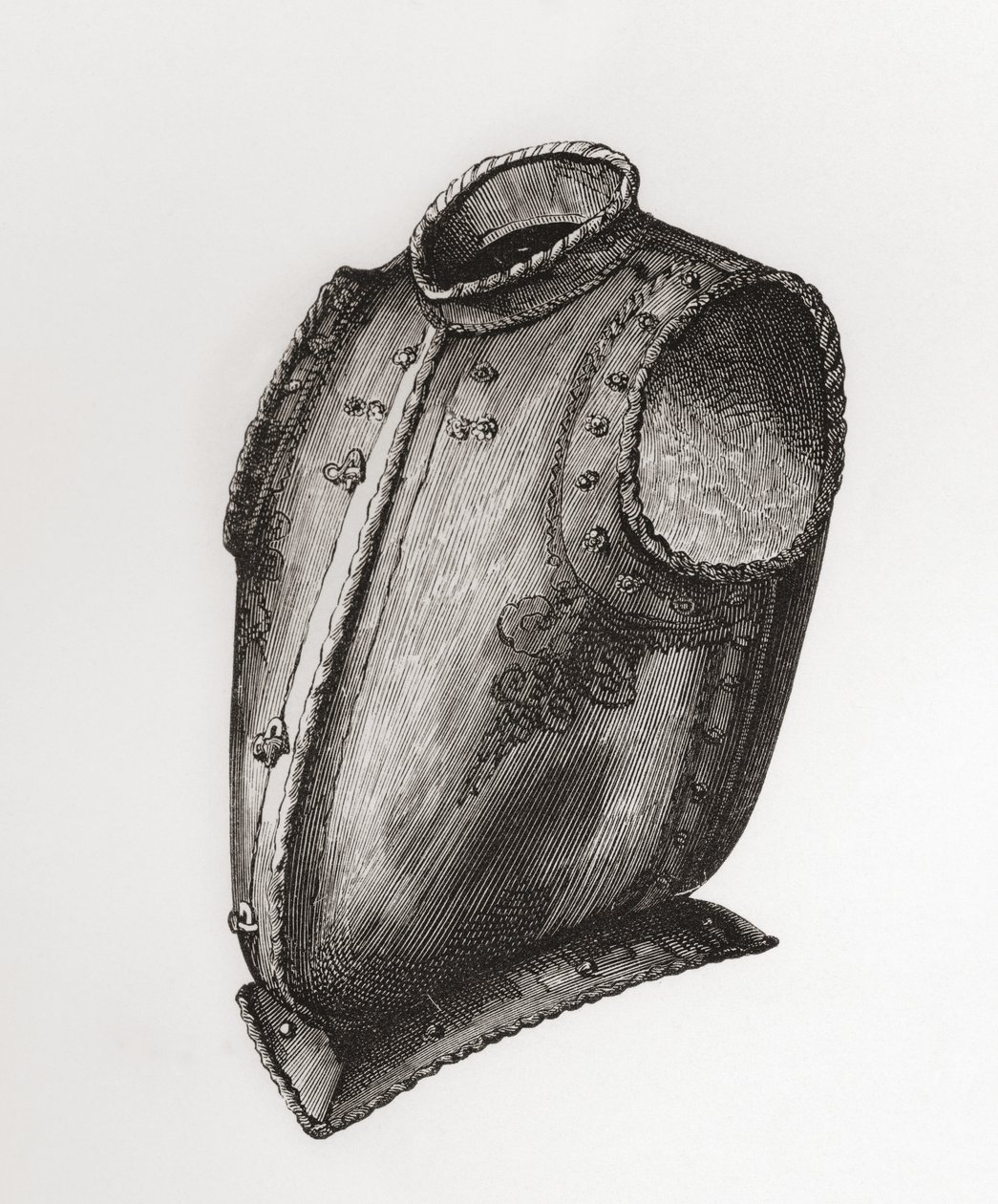 Costas e couraça, abertura na frente, conhecida como Waistcoat Breastplate, c.1580, do Exército Britânico: As suas Origens, Progresso e Equipamento, publicado em 1868. de English School