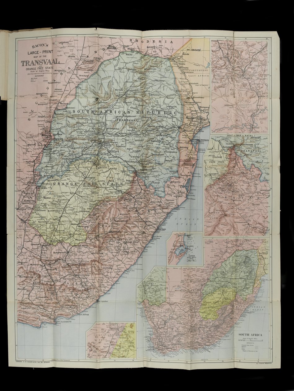 Mapa em Grande Escala de Bacon do Transvaal Orange Free State e Natal com extensão para o sul até Port Elizabeth, África do Sul de English School