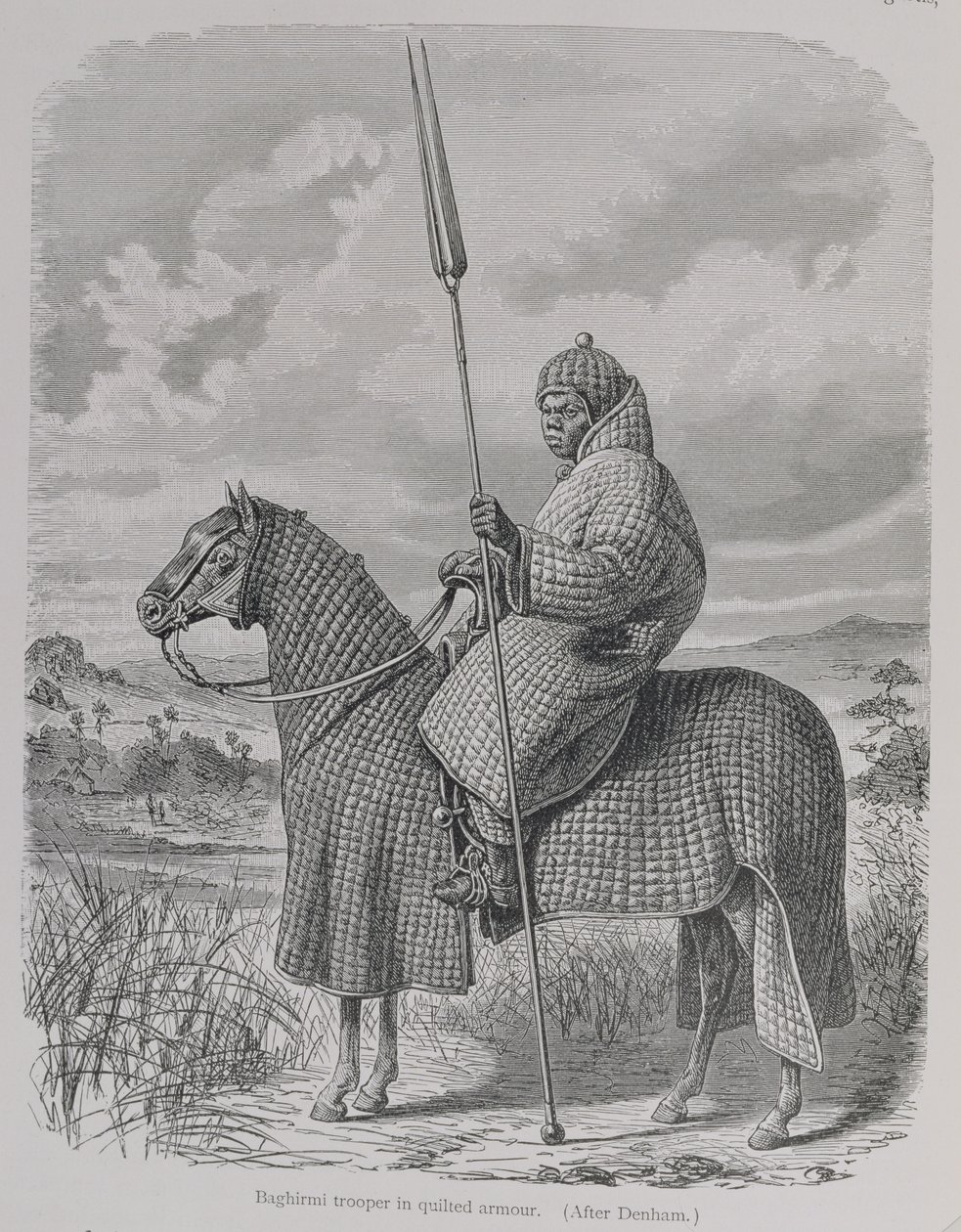 Soldado Baghirmi em armadura acolchoada, de "A História da Humanidade", Vol.III, pelo Prof. Friedrich Ratzel, 1898 (gravura) de English School