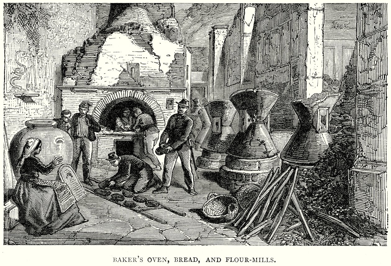Forno de padeiro, moinhos de pão e de farinha (gravura) de English School