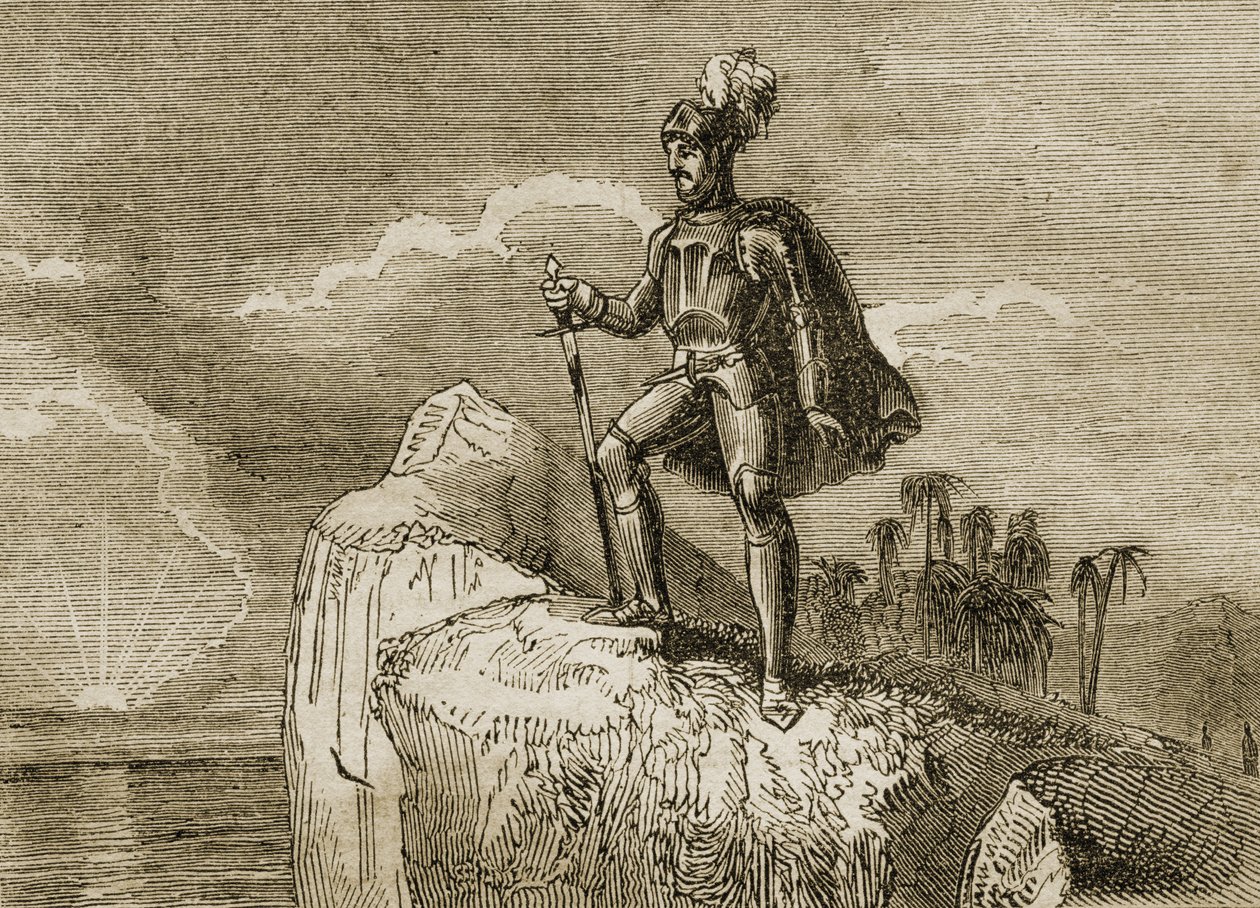 Primeira Visão do Pacífico de Balboa em 1513, ilustração de "Contos de Viajantes ou Uma Visão do Mundo", publicada em 1838 (lito) de English School