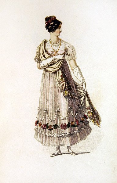Vestido de baile, placa de moda do Repositório de Artes da Ackermann (gravação colorida) de English School