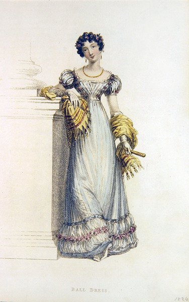Vestido de baile, placa de moda do Repositório de Artes da Ackermann (gravação colorida) de English School