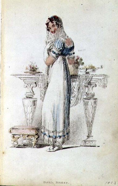 Vestido de baile, placa de moda do Repositório de Artes da Ackermann (gravação colorida) de English School