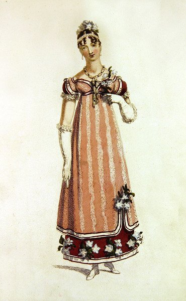 Vestido de baile, placa de moda do Repositório de Artes da Ackermann (gravação colorida) de English School