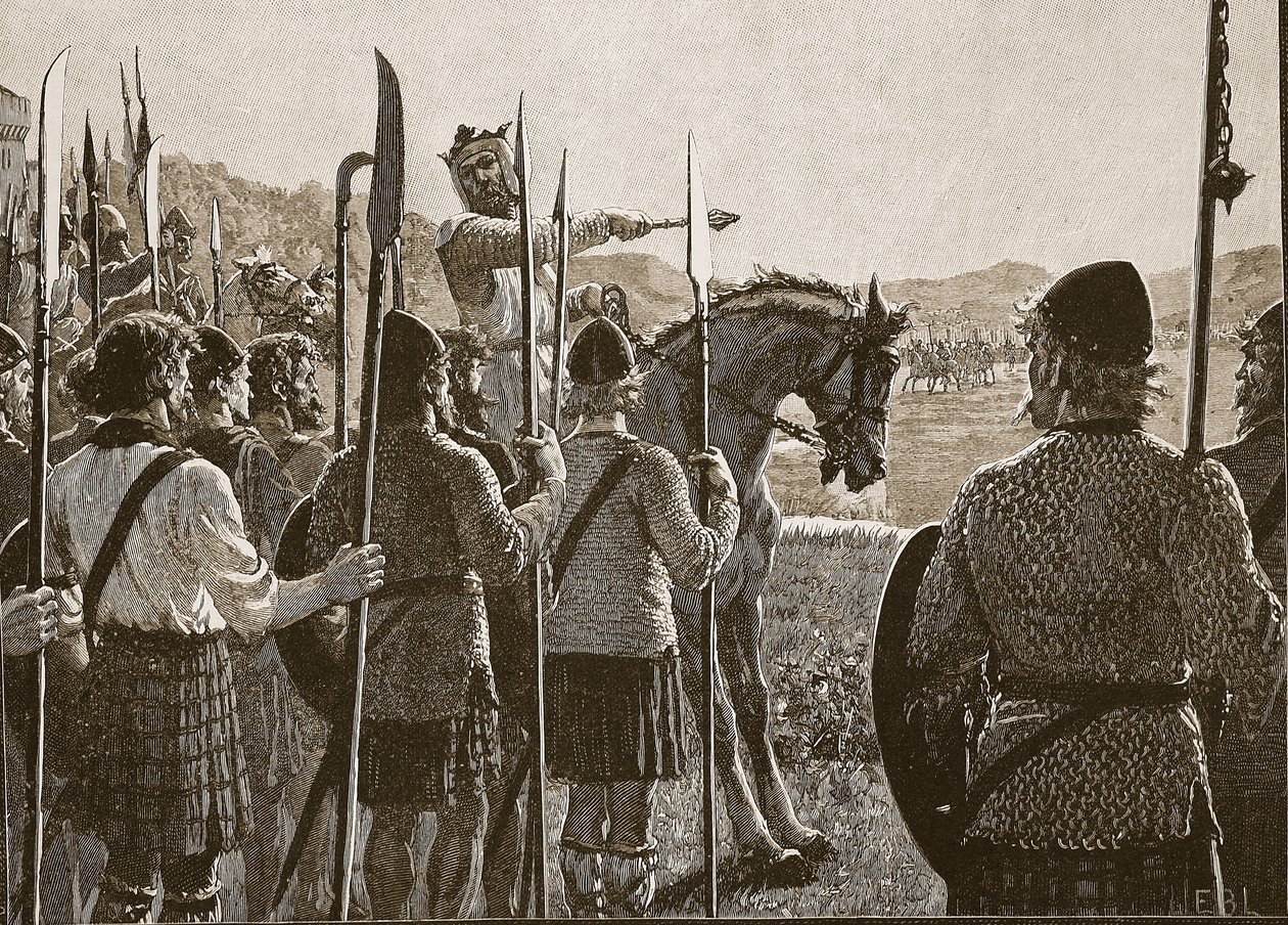 Bannockburn: Bruce revendo suas tropas antes da batalha, ilustração de Cassells Illustrated History of England (foto em sépia) de English School