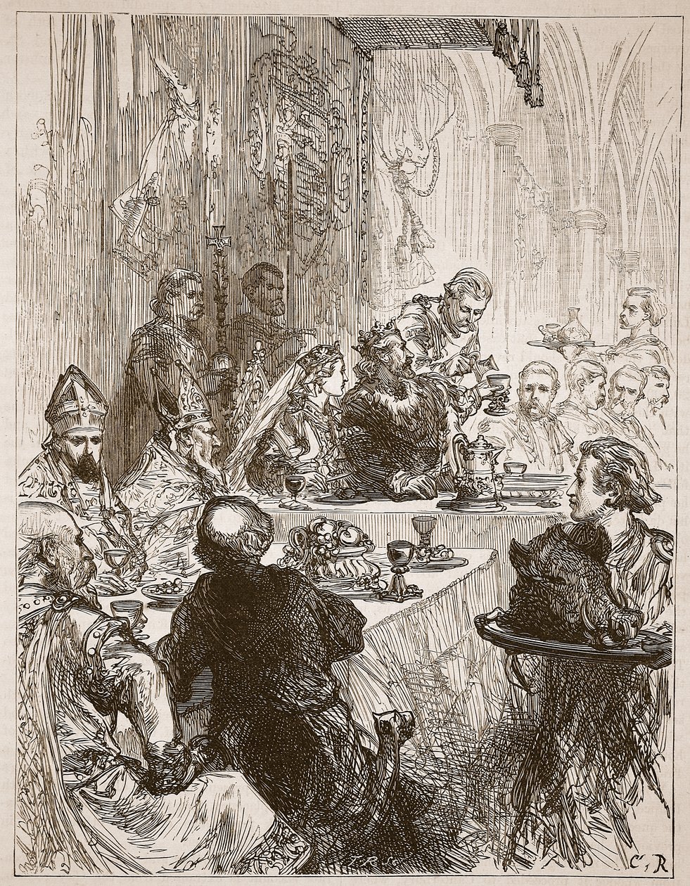 Banquete no casamento de Henrique e Eleonora da Provença, ilustração de Cassells Ilustrada História da Inglaterra (foto em sépia) de English School