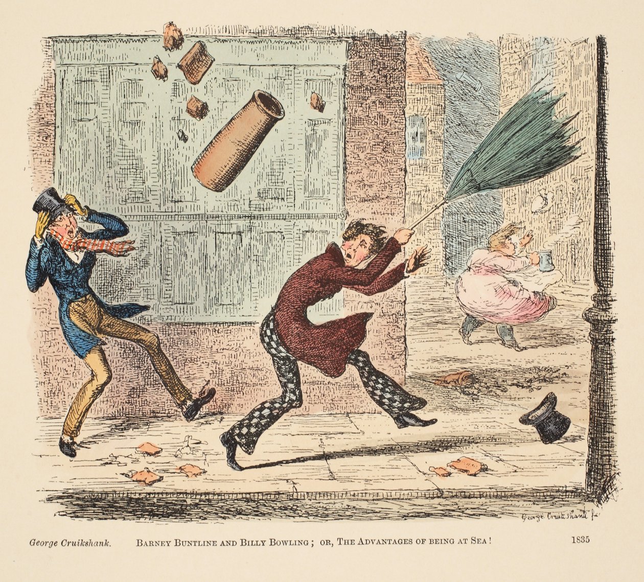 Barney Buntline e Billy Bowling; ou, As Vantagens de Estar no Mar, pub. 1835 (gravura colorida à mão) de English School