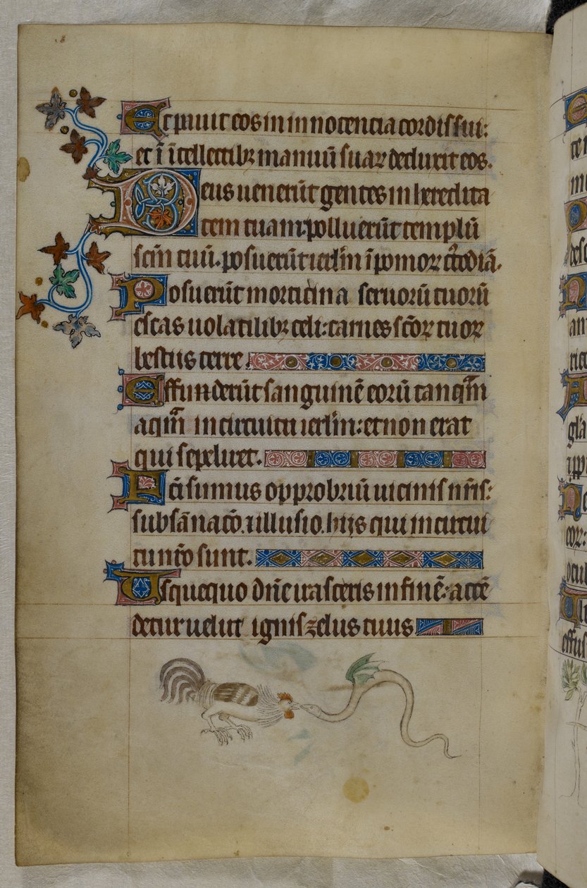 Cena de fundo de página de um galo e de uma serpente alada em luta, com uma inicial "D"(eus) decorada, Saltério ("The Queen Mary Psalter"), Royal MS 2 B VII, f.187v, c.1310-20 (velino) de English School