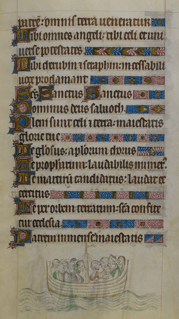 Cena de baixo-de-página mostrando Thomas Becket e companheiros cruzando o Canal em um barco enquanto viajam para o exílio na França, ilustração do 