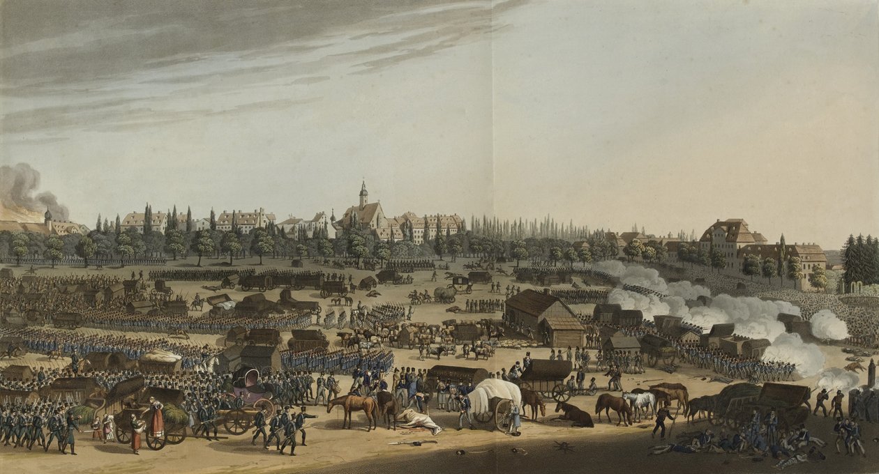 Batalha de Leipzig, 16-19 de outubro de 1813, de Um registro ilustrado de eventos importantes nos Anais da Europa durante os anos 1812, 1813, 1814 e 1815, 1815 (cor aquatint) de English School
