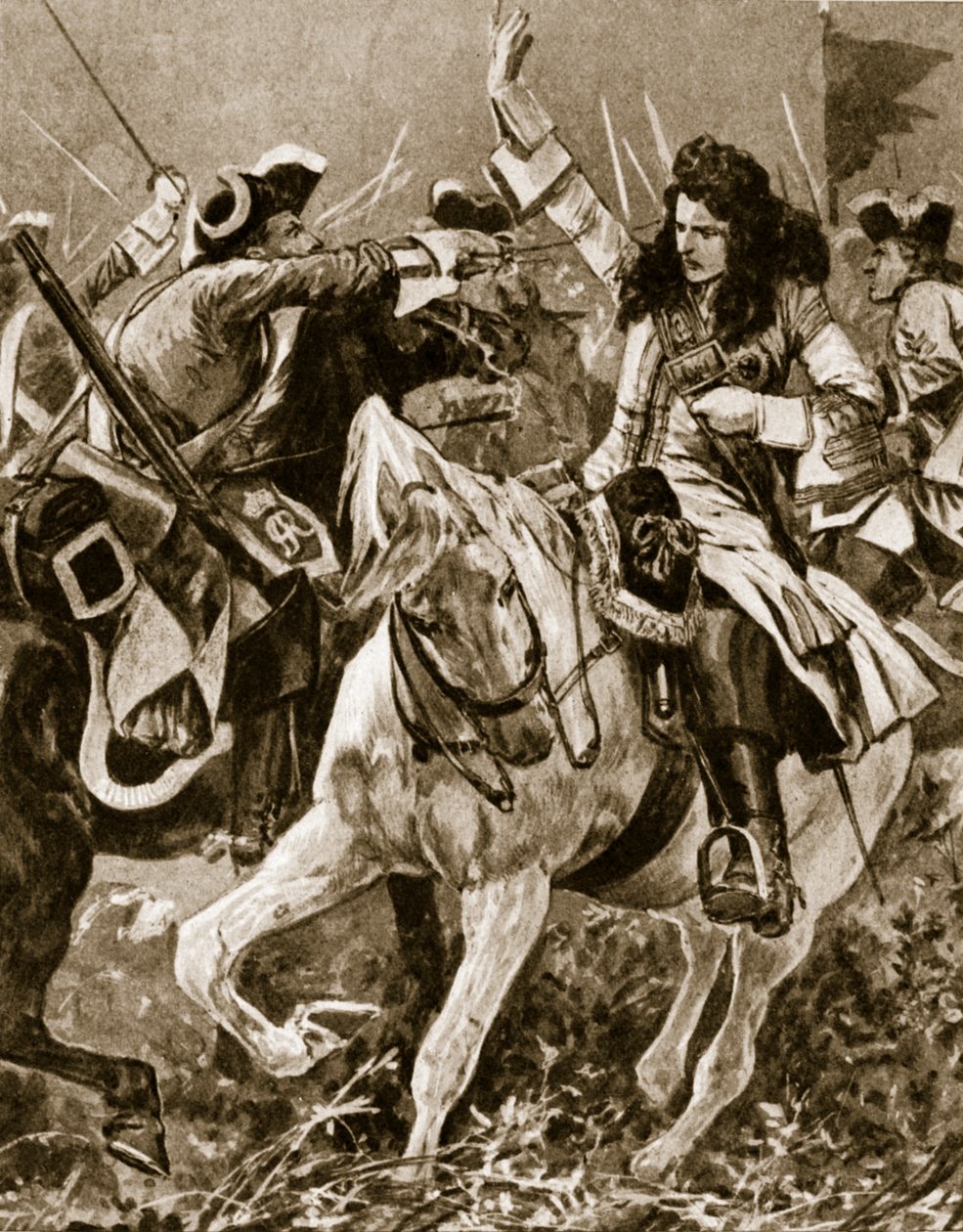 Batalha de Malplaquet, 11 de setembro de 1709: Cavaleiro São Jorge ferido durante a Guerra da Sucessão Espanhola; de English School