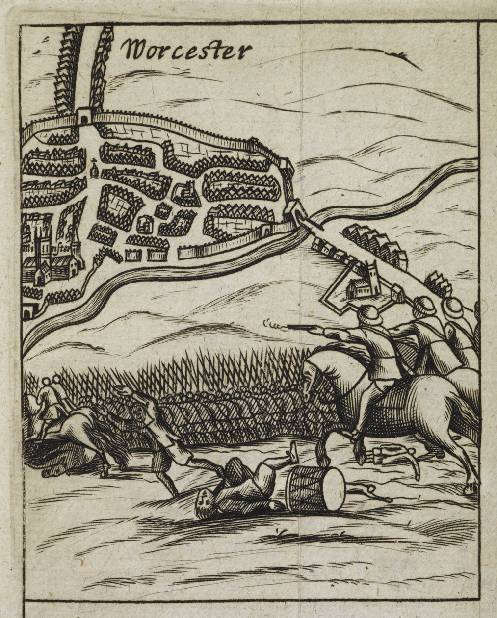 Cena da Batalha de Worcester, de "A História da Sua Majestade mais Maravilhosa Preservação, depois da Batalha de Worcester". de English School