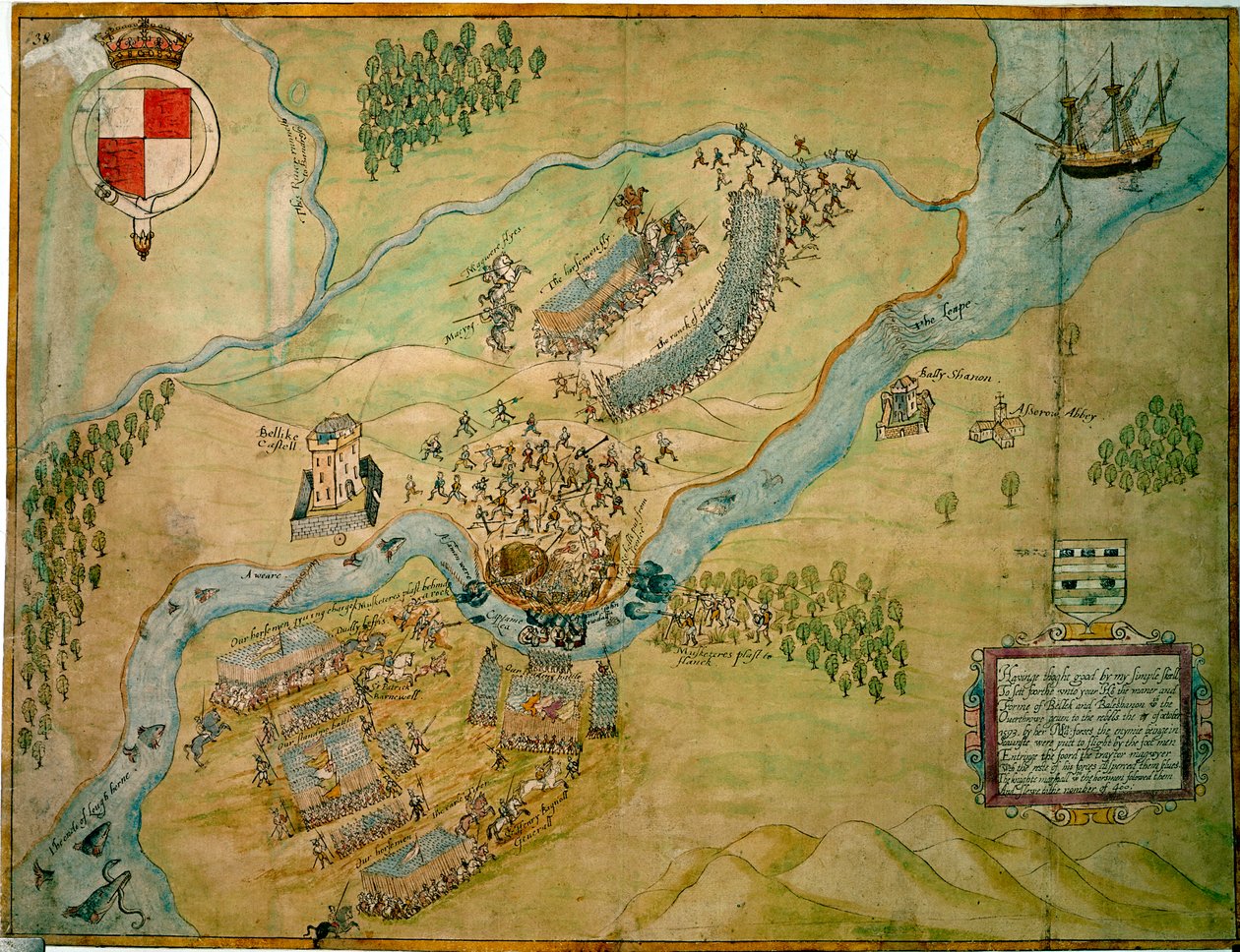 Batalha da Erne Ford em 1593 (caneta e tinta com lavagem sobre papel) de English School