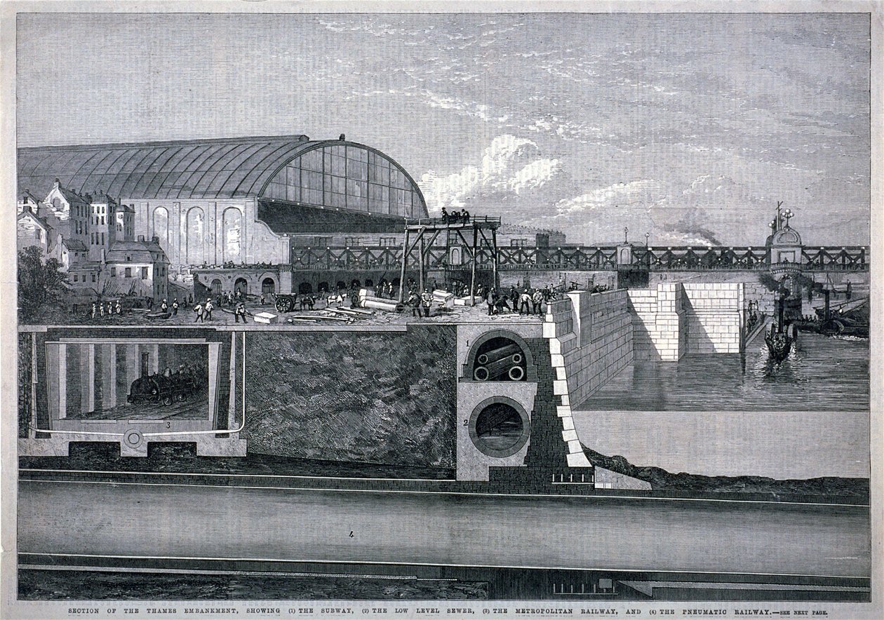 Bazalgette, o aterro do Tamisa, 1867 de English School