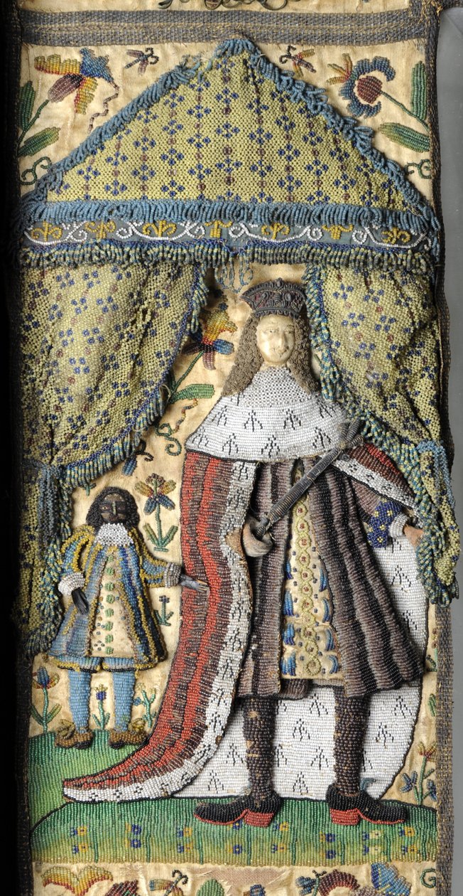 Espelho de miçangas, c. 1672-79 (fios de seda, metal e couro com contas de vidro e lantejoulas sobre fundo de cetim de seda encaixotado em carvalho) de English School