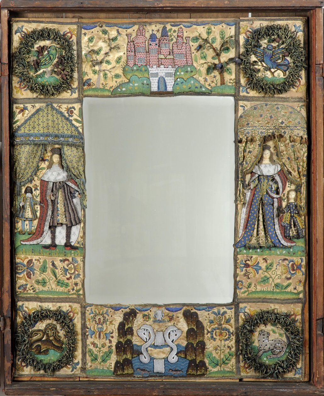 Espelho de missanga, c. 1672-79 (fios de seda, metal e couro com contas de vidro e lantejoulas em casco de seda em carvalho) de English School