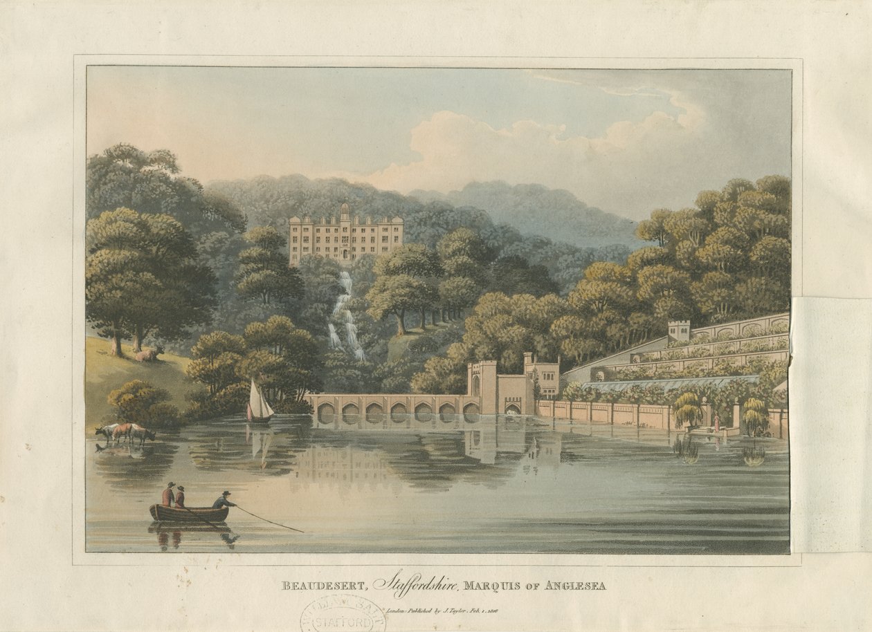 Beaudesert Hall and Park: gravura em aquarela colorida, 1816 de English School