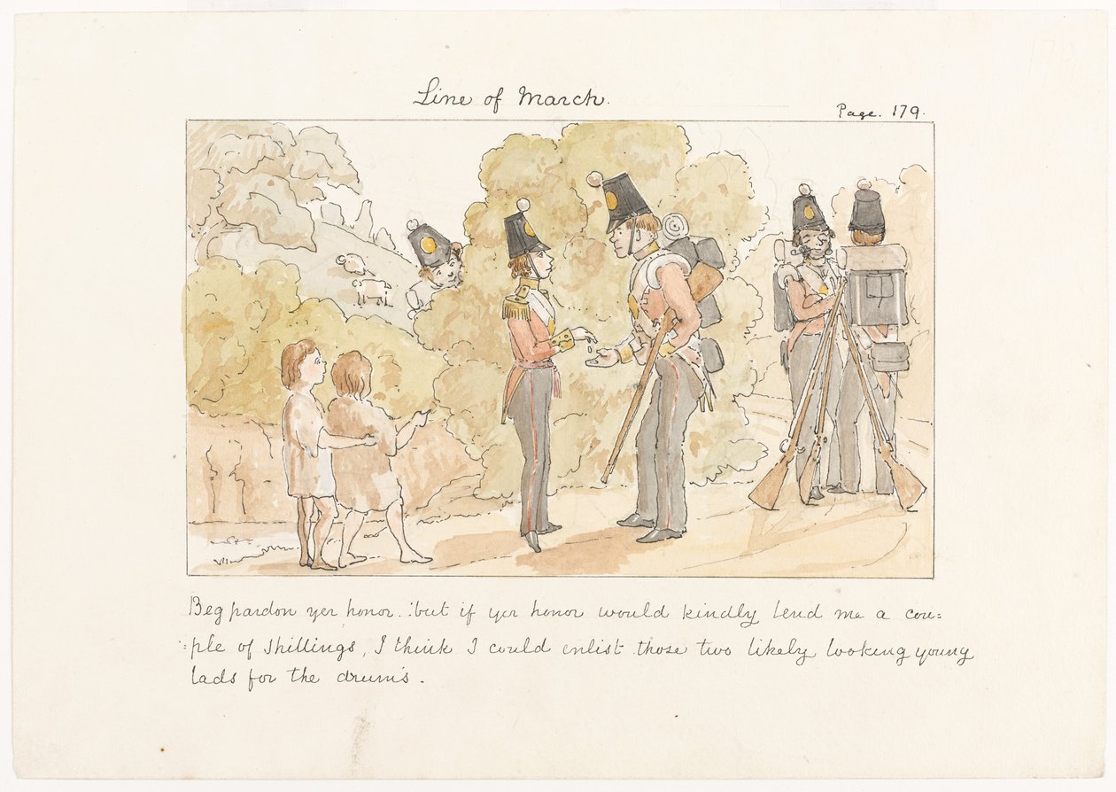 Perdão, mas se a sua honra me emprestasse alguns xelins, acho que eu poderia alistar aqueles dois jovens rapazes de aparência provável para os tambores, c.1850 (aquarela no papel). de English School