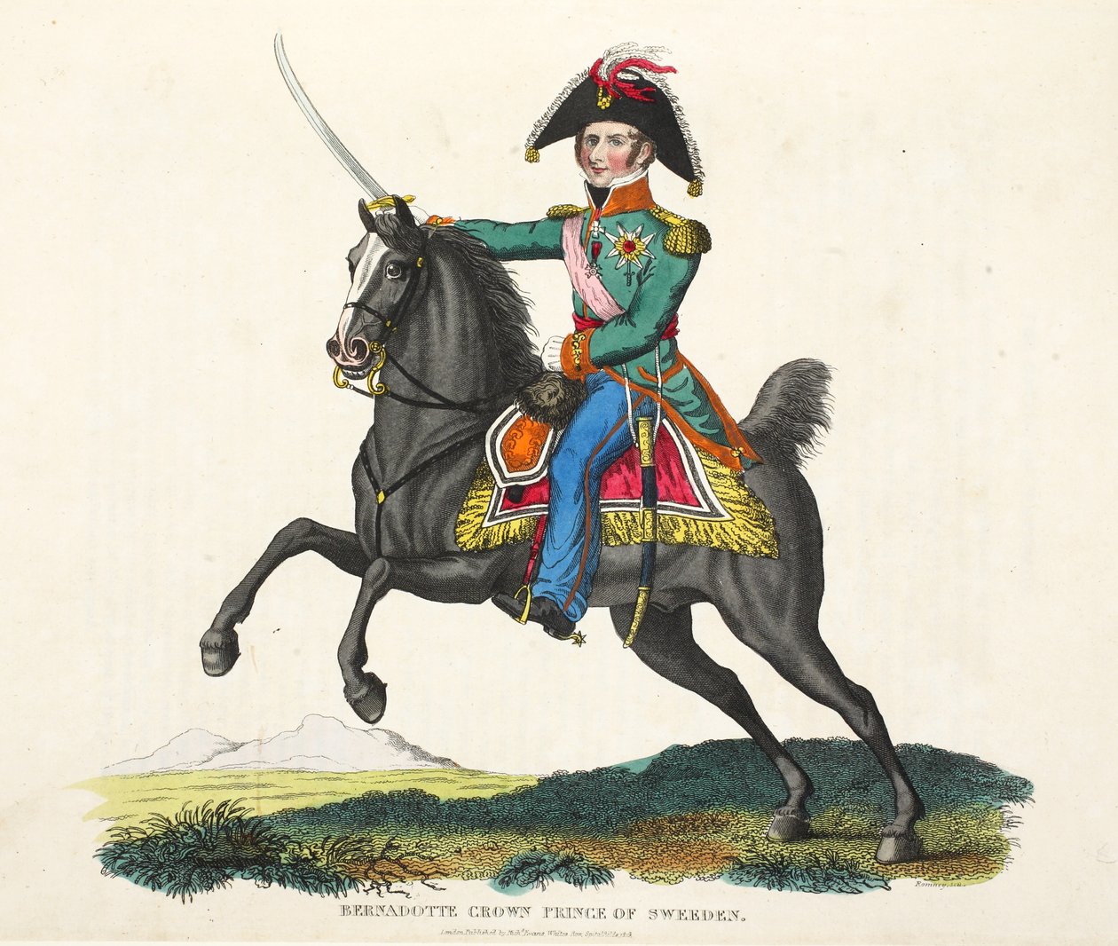 Bernadotte, príncipe herdeiro da Suécia, pub. por Richard Evans, engr romney, ilustração de um relato histórico da batalha de Waterloo por William Mudford, 1816 de English School