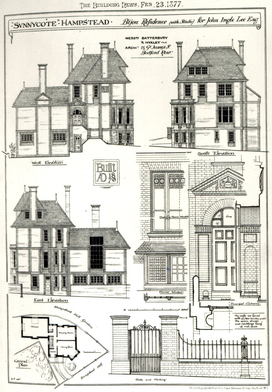 Bijou Residence Sunnycote, Hampstead, (com estúdio) para John Ingle Lee Esq, de The Building News, 23 de fevereiro de 1877 News, 23 de fevereiro de 1877 de English School