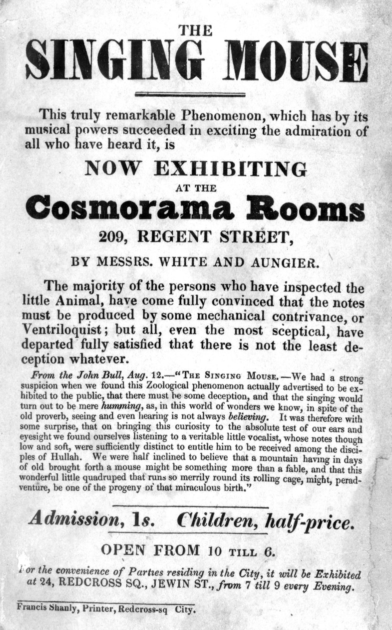 Bill Poster para a exposição The Mouse Canto no Cosmorama Rooms, 209 Regent Street, c. 1836 de English School
