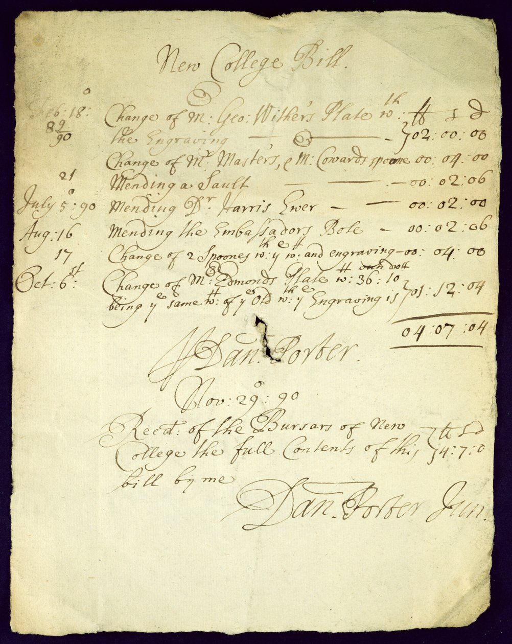 Bill de Daniel Porter para o New College, 1690 de English School