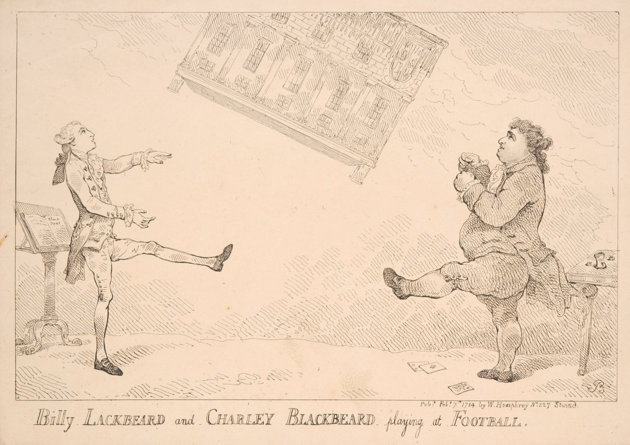 Billy Barba Negra e Charley Barba Negra jogando no futebol, desenho animado satírico referindo-se ao Projeto de Lei das Índias Orientais, publicado por W. Humphrey, 1744 de English School